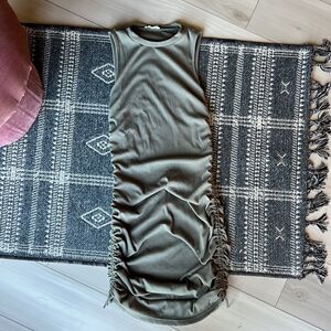 Olive Ruched Mini Dress Casual High Neck Sleeveless Dress Sporty Cute Women's